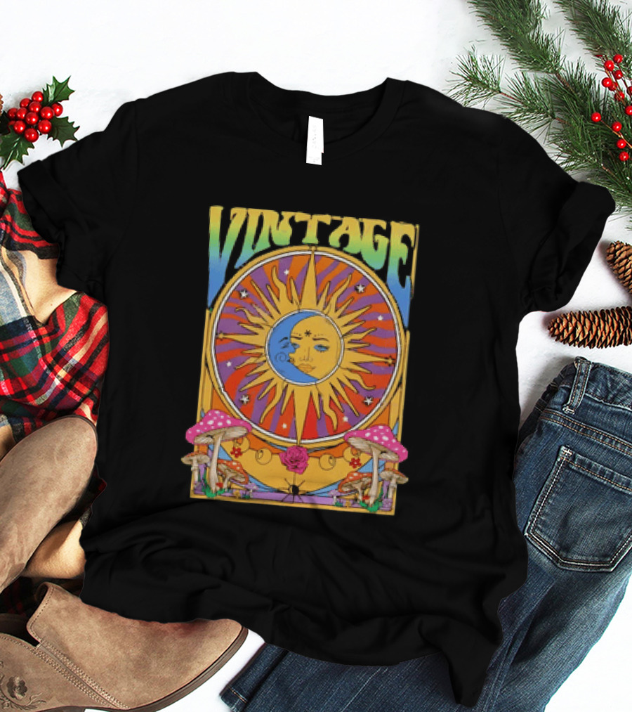 Vintage Sun Moon Celestial Psychedelic Mushrooms T-Shirt