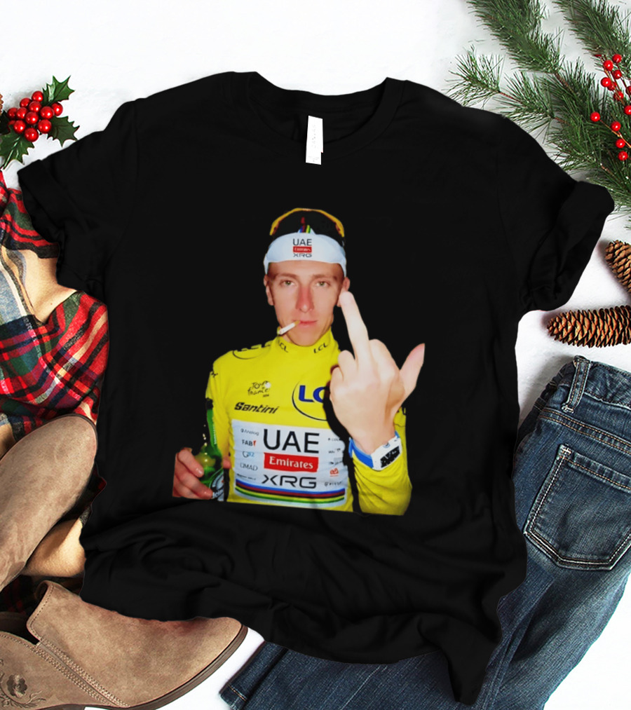 Tadej Pogačar Yellow Jersey Middle Finger Tour De France UAE Emirates LCL Santini T-Shirt