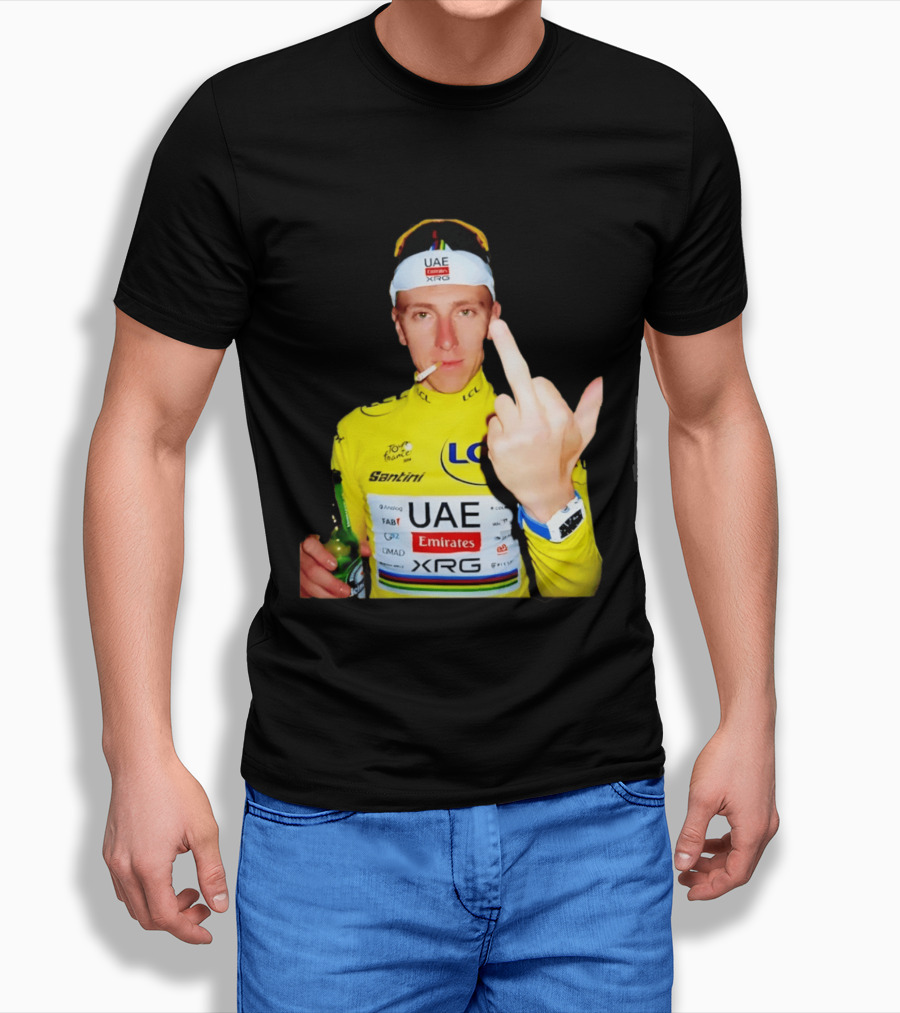 Tadej Pogačar Yellow Jersey Middle Finger Tour De France UAE Emirates LCL Santini T-Shirt