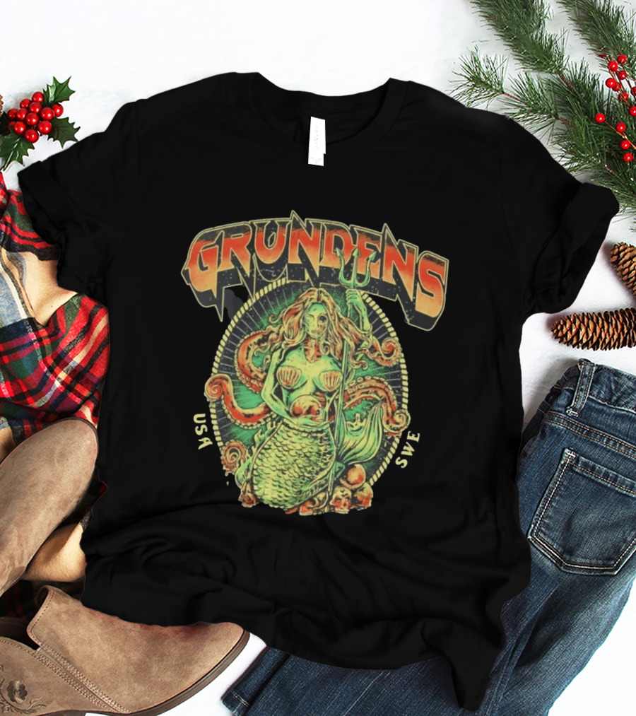 Grundens Undead Mermaid Holding Skull USA SWE Since 1926 T-Shirt