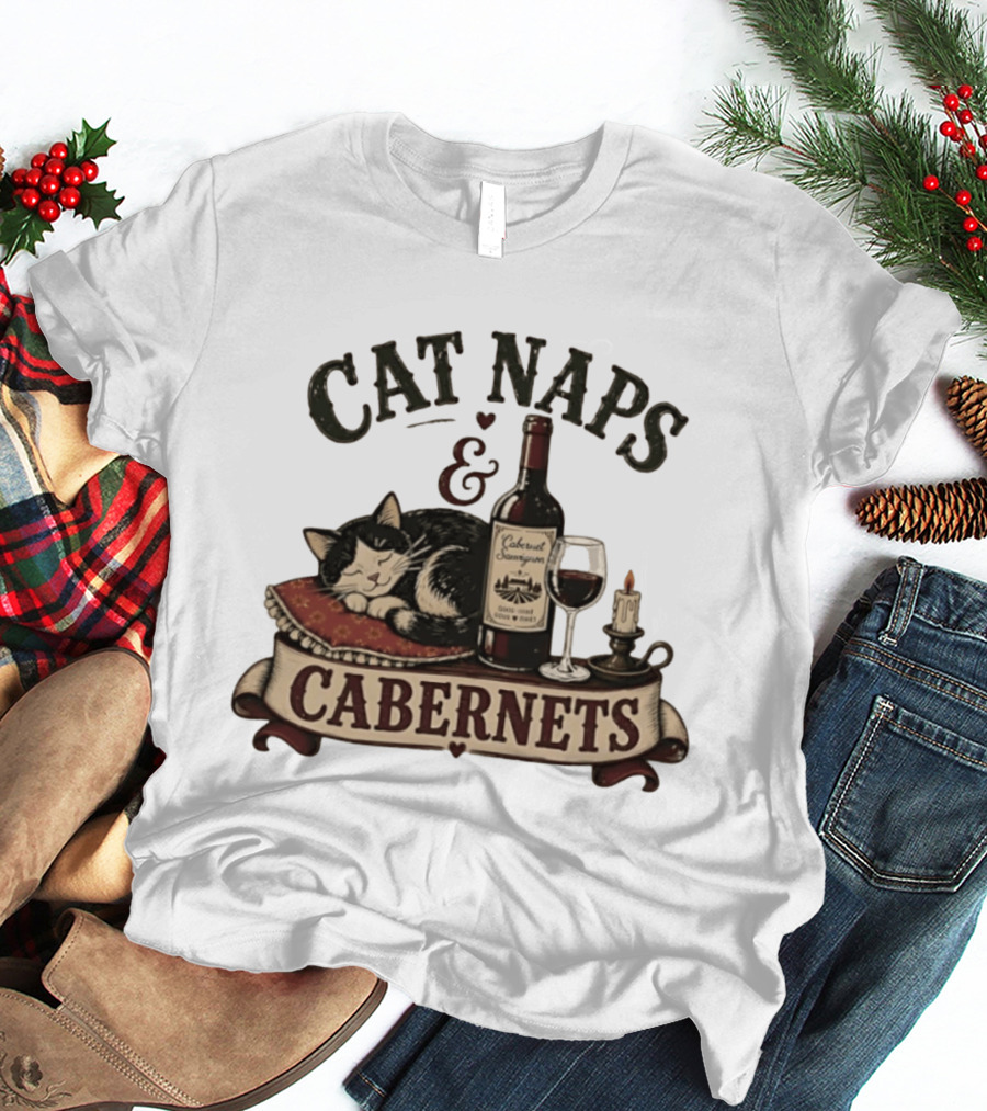 Cat Naps And Cabernet Sauvignon With Cozy Cat And Candle T-Shirt
