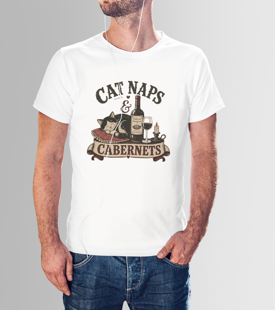 Cat Naps And Cabernet Sauvignon With Cozy Cat And Candle T-Shirt