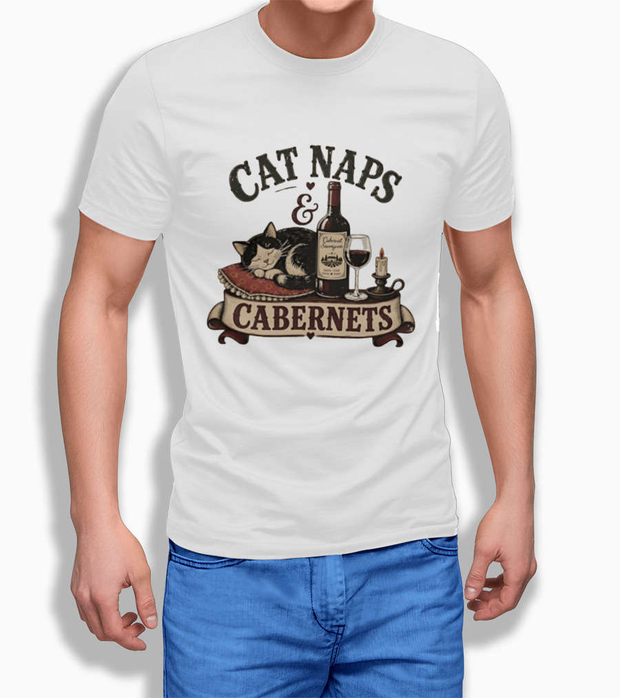 Cat Naps And Cabernet Sauvignon With Cozy Cat And Candle T-Shirt