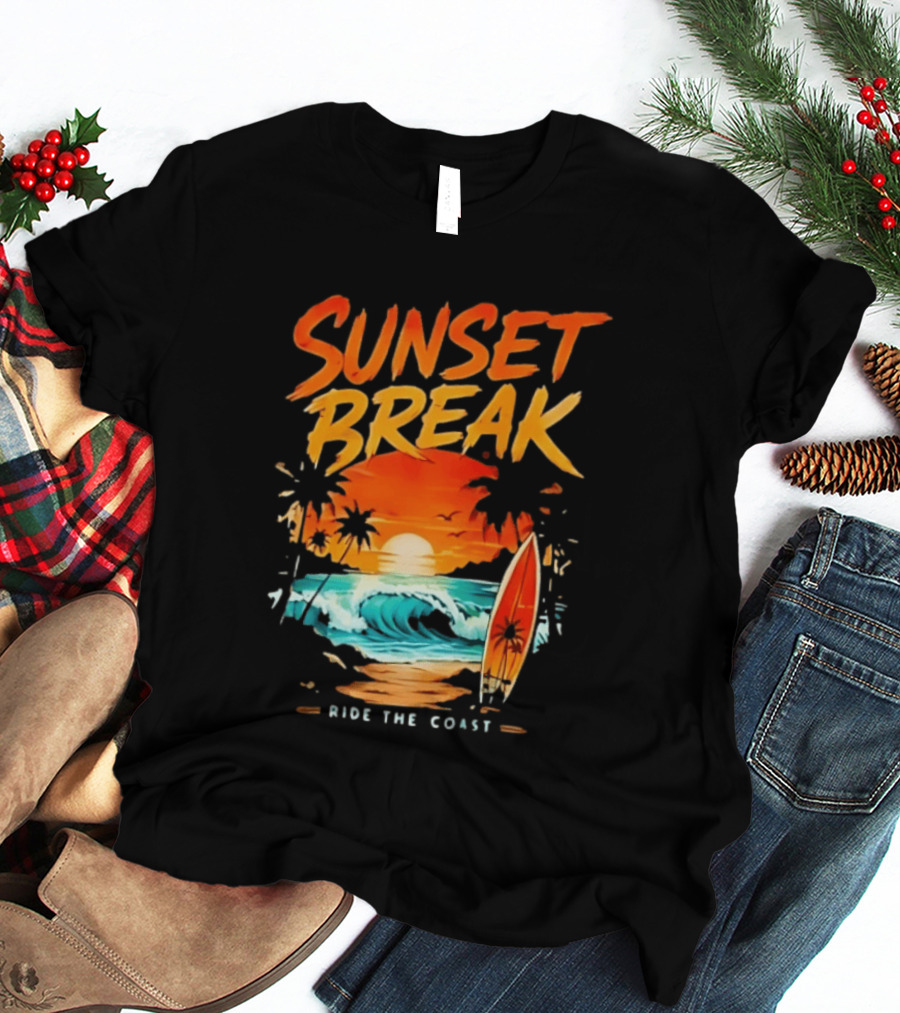 Sunset Break Surfing Ride The Coast Ocean Waves And Surfboard Scene T-Shirt