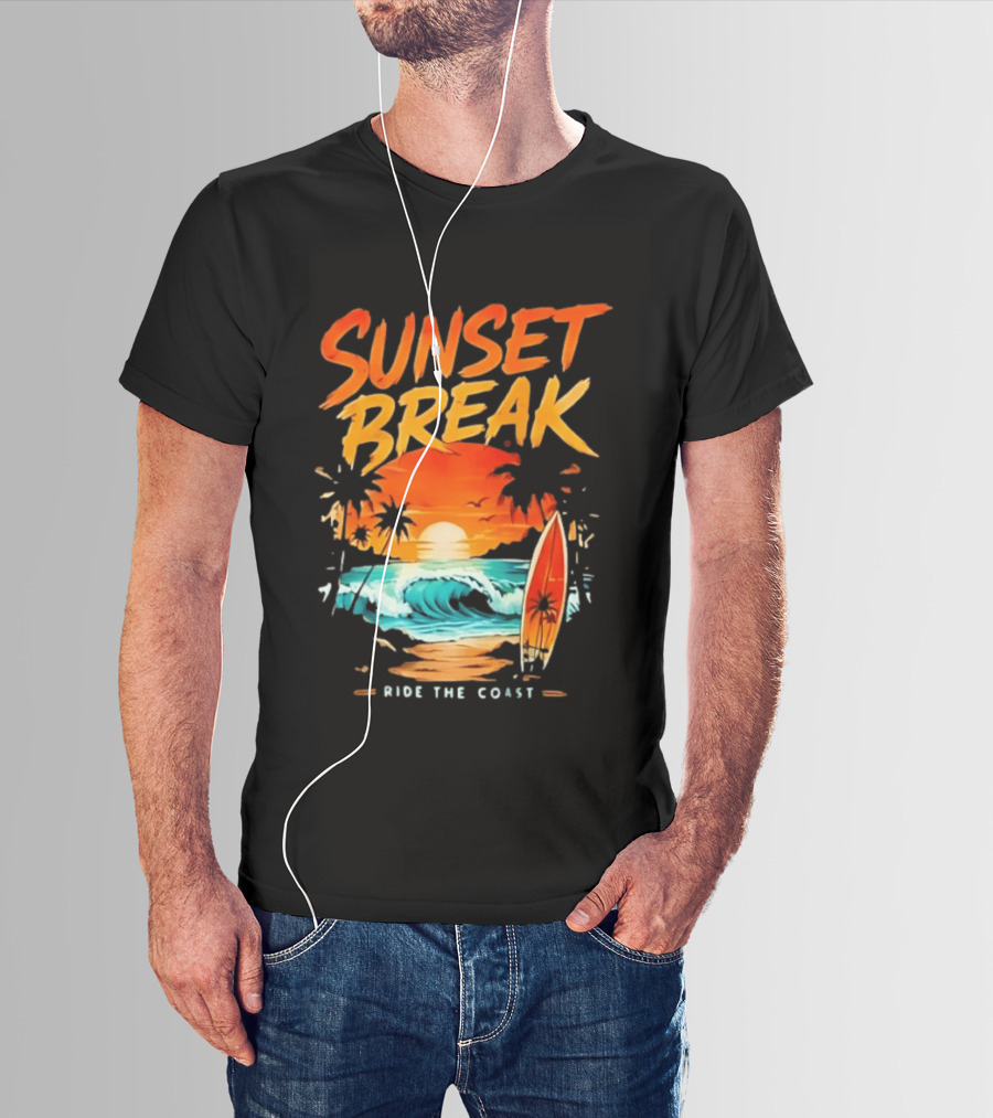 Sunset Break Surfing Ride The Coast Ocean Waves And Surfboard Scene T-Shirt