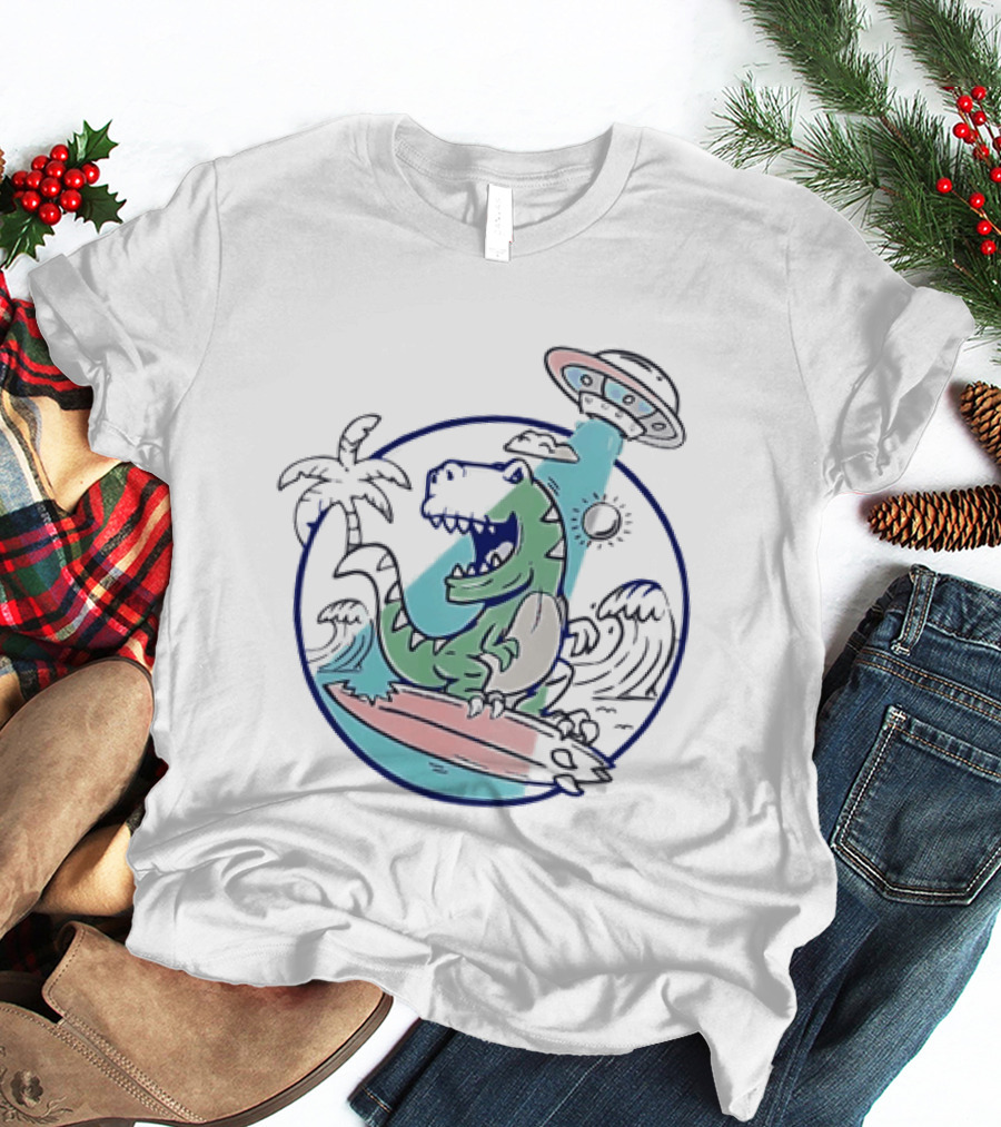 UFO Surfing Dinosaur With Palm Trees And Waves T-Shirt