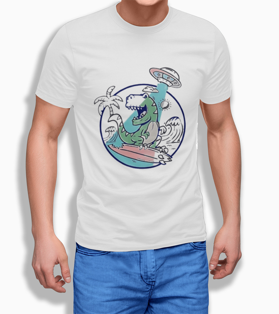 UFO Surfing Dinosaur With Palm Trees And Waves T-Shirt