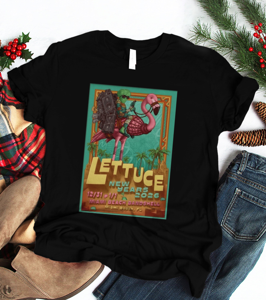 Lettuce New Years 2026 Miami Beach Bandshell Miami Beach FL With Sunglasses Flamingo And Speakers T-Shirt