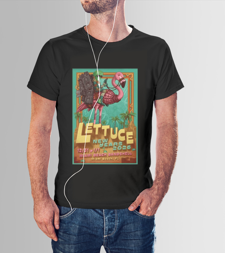 Lettuce New Years 2026 Miami Beach Bandshell Miami Beach FL With Sunglasses Flamingo And Speakers T-Shirt