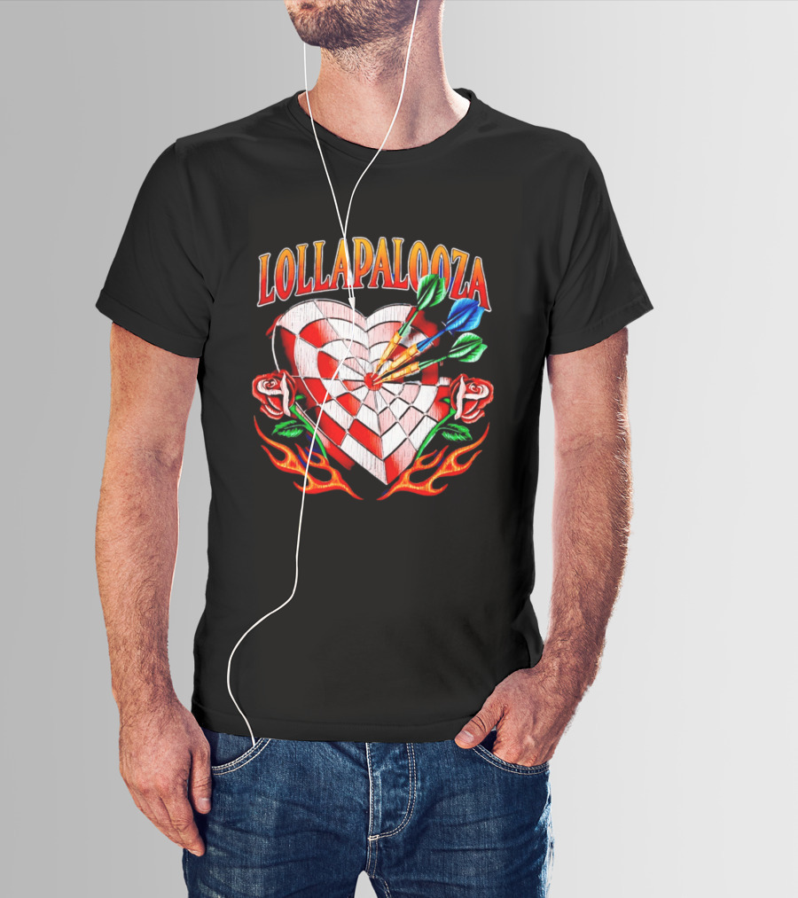 Lollapalooza Heart Dartboard With Roses And Flames T-Shirt