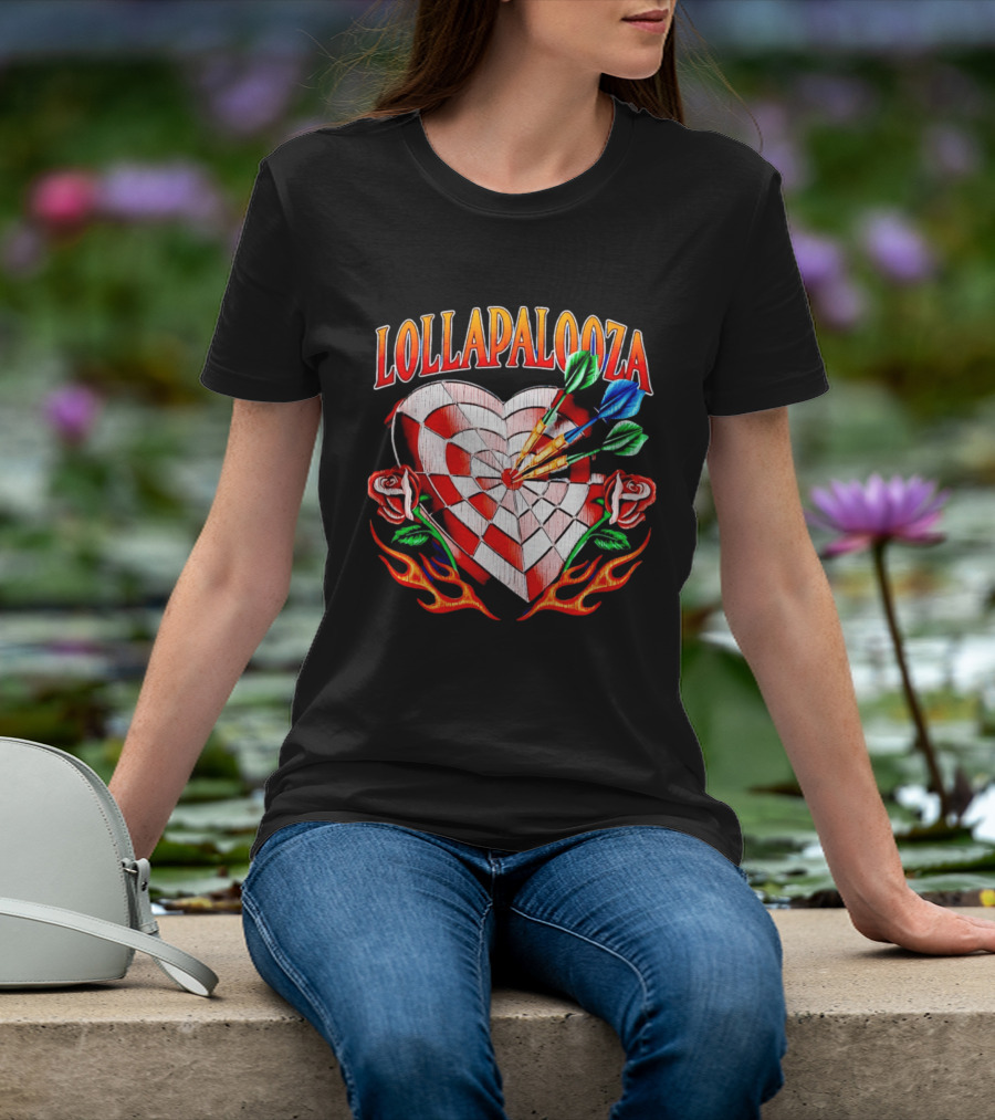 Lollapalooza Heart Dartboard With Roses And Flames T-Shirt