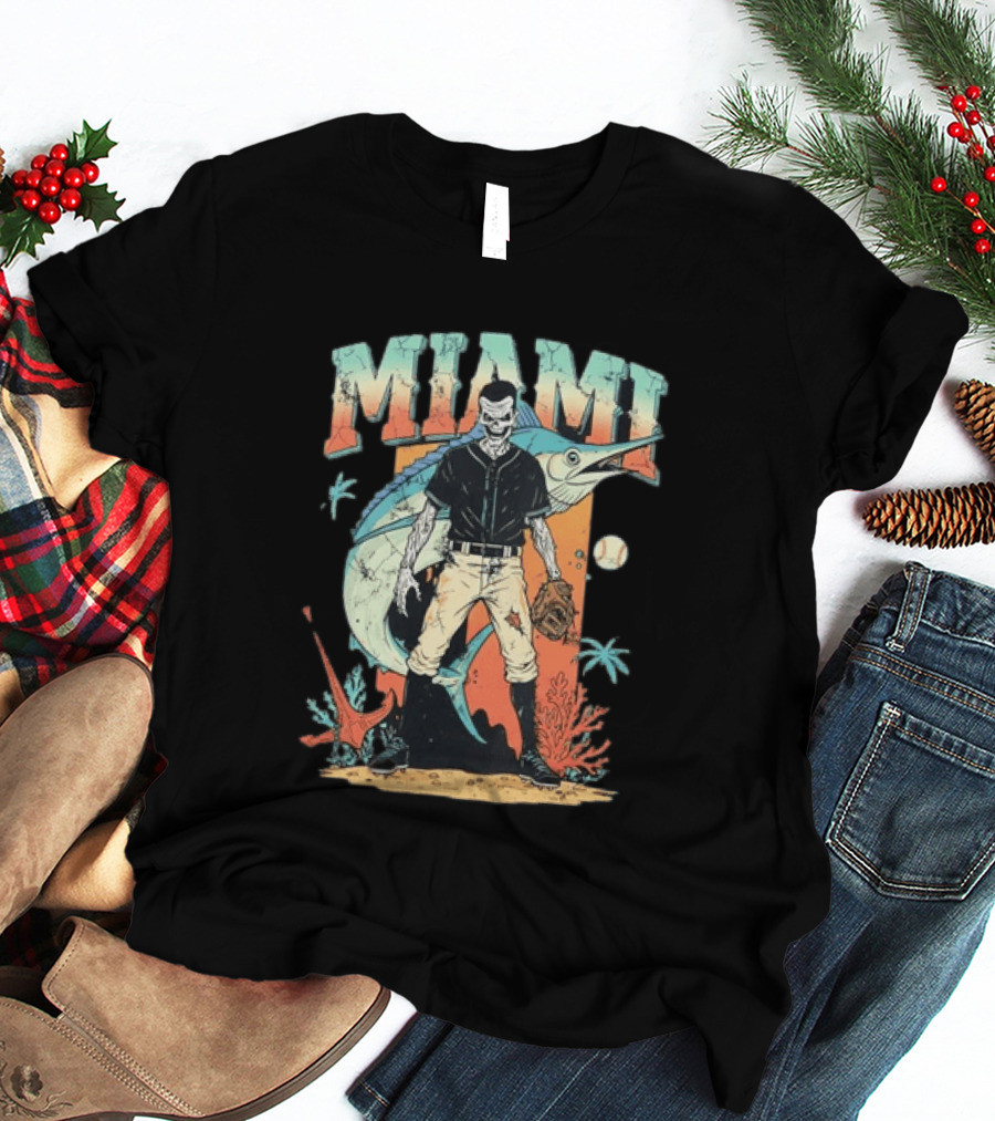 Miami Marlins Skeleton Baseball Player With Marlin And Tropical Vibes T-Shirt