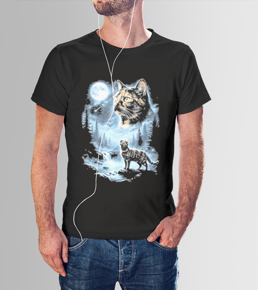 Tabby Cat Howling To The Moon Halloween Forest Scene T-Shirt