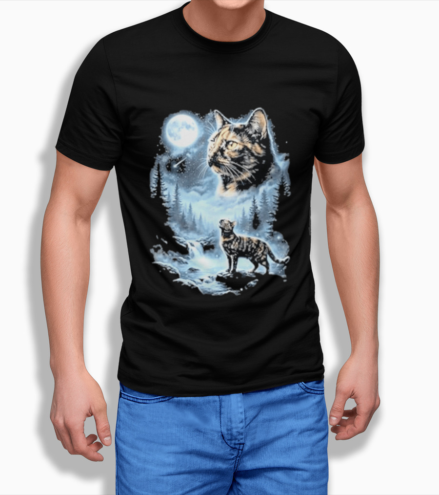 Tabby Cat Howling To The Moon Halloween Forest Scene T-Shirt