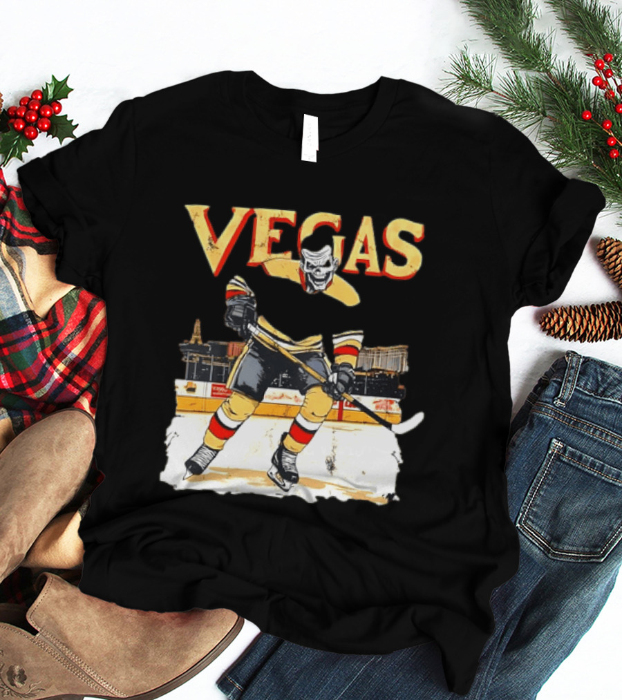 Vegas Hockey Skull Ice Arena Skyline Scene T-Shirt