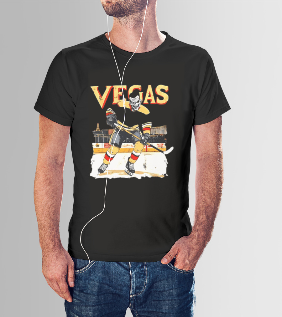 Vegas Hockey Skull Ice Arena Skyline Scene T-Shirt