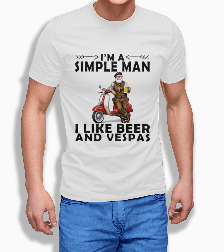 I'm A Simple Man I Like Beer And Vespas Man With Beer And Scooter T-Shirt