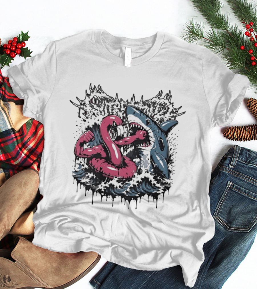 Flamingo Float Shark Fight Waves Duel T-Shirt