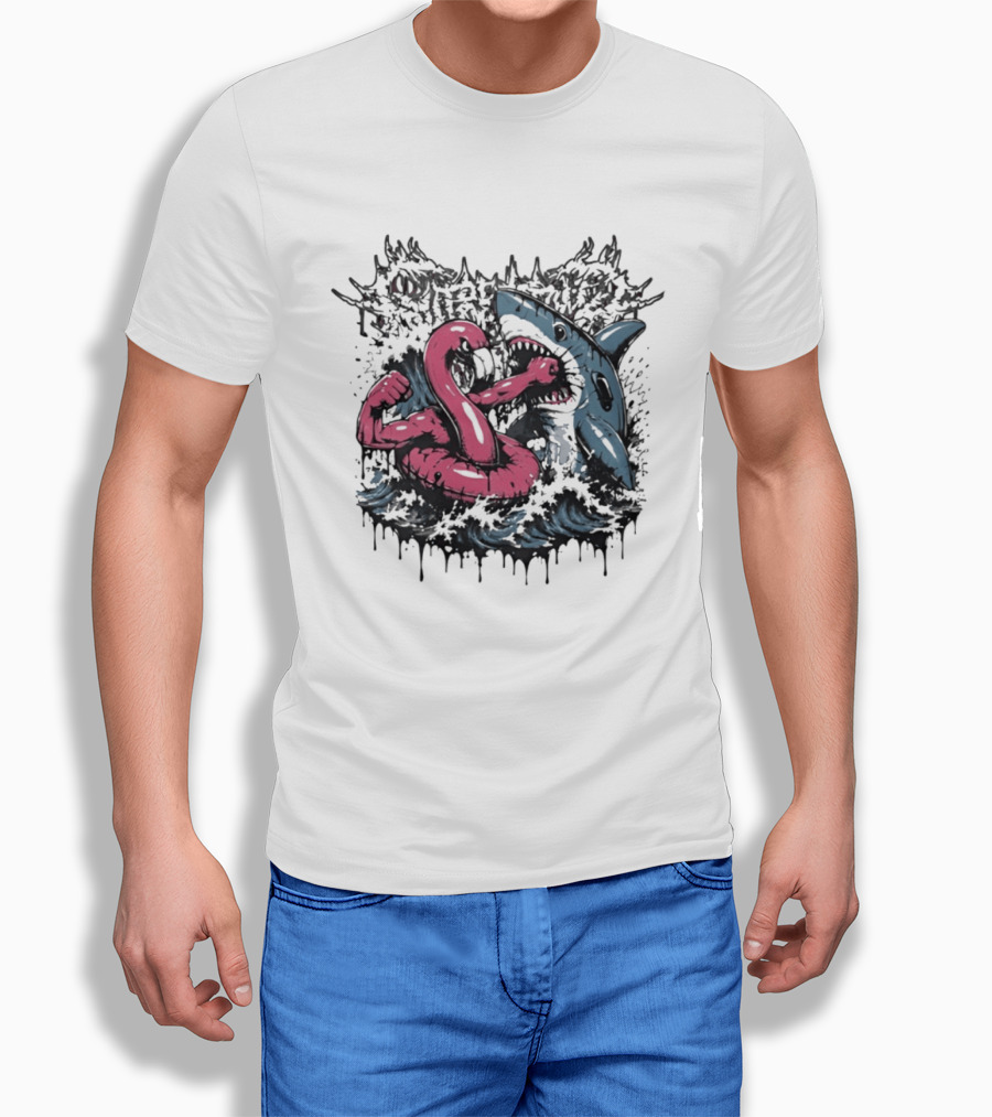 Flamingo Float Shark Fight Waves Duel T-Shirt