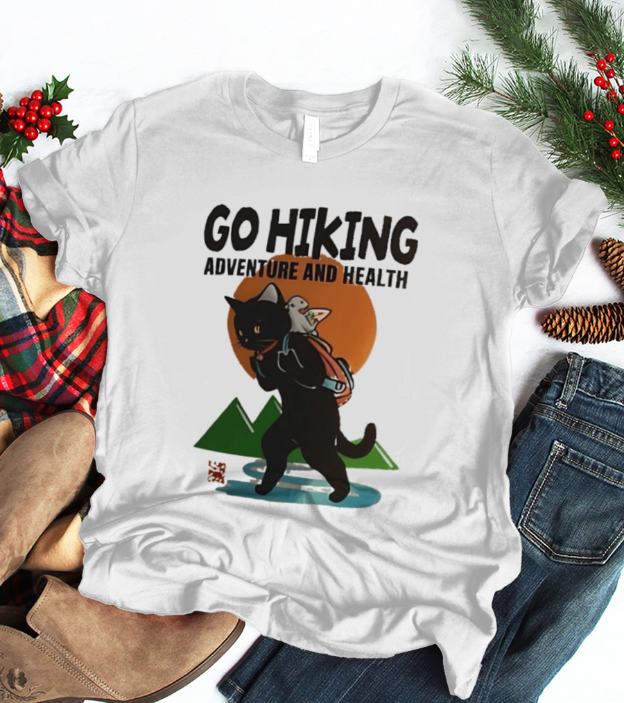 Go Hiking Adventure And Health Black Cat With Backpack And Bird T-Shirt