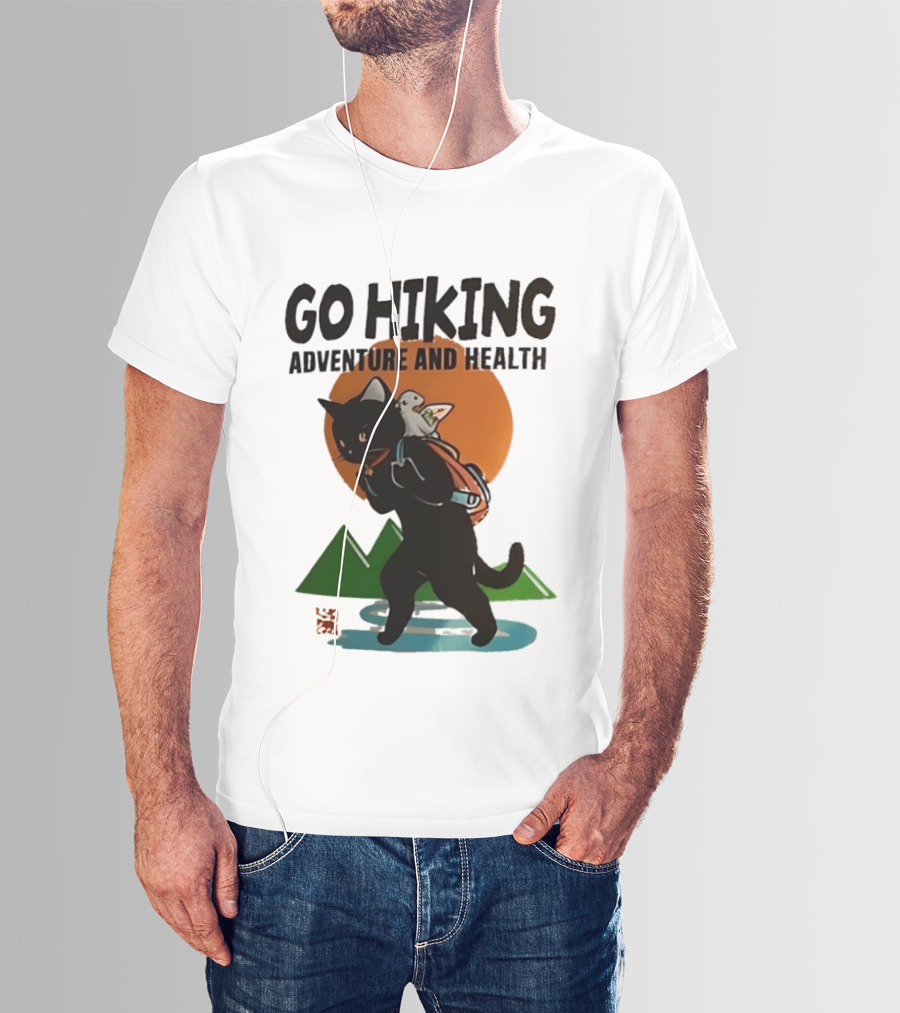 Go Hiking Adventure And Health Black Cat With Backpack And Bird T-Shirt