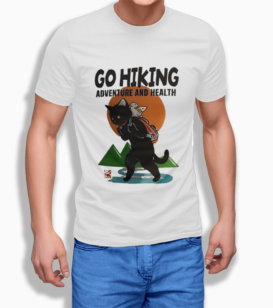 Go Hiking Adventure And Health Black Cat With Backpack And Bird T-Shirt