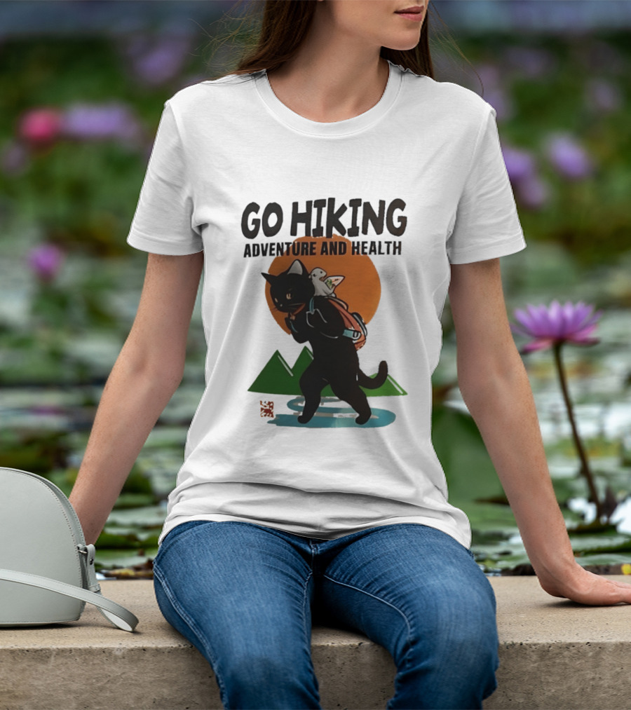 Go Hiking Adventure And Health Black Cat With Backpack And Bird T-Shirt