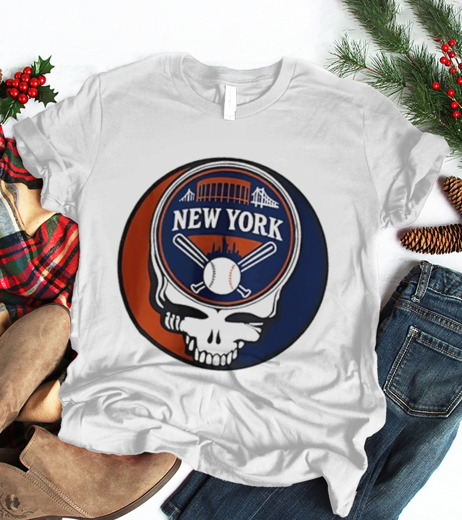 New York Mets Grateful Dead Skull Baseball Orange Blue Stadium T-Shirt