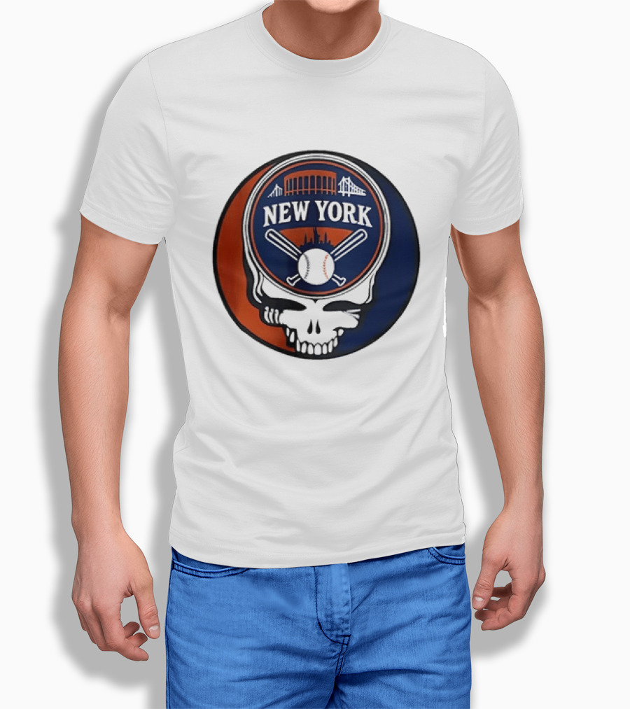 New York Mets Grateful Dead Skull Baseball Orange Blue Stadium T-Shirt