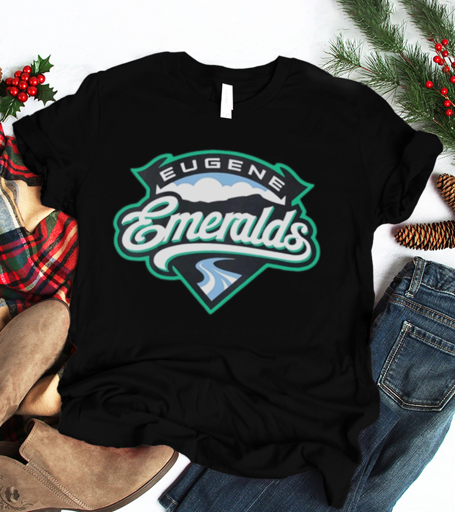 Eugene Emeralds Baseball Team Green Crest With Mountains And River Motif T-Shirt