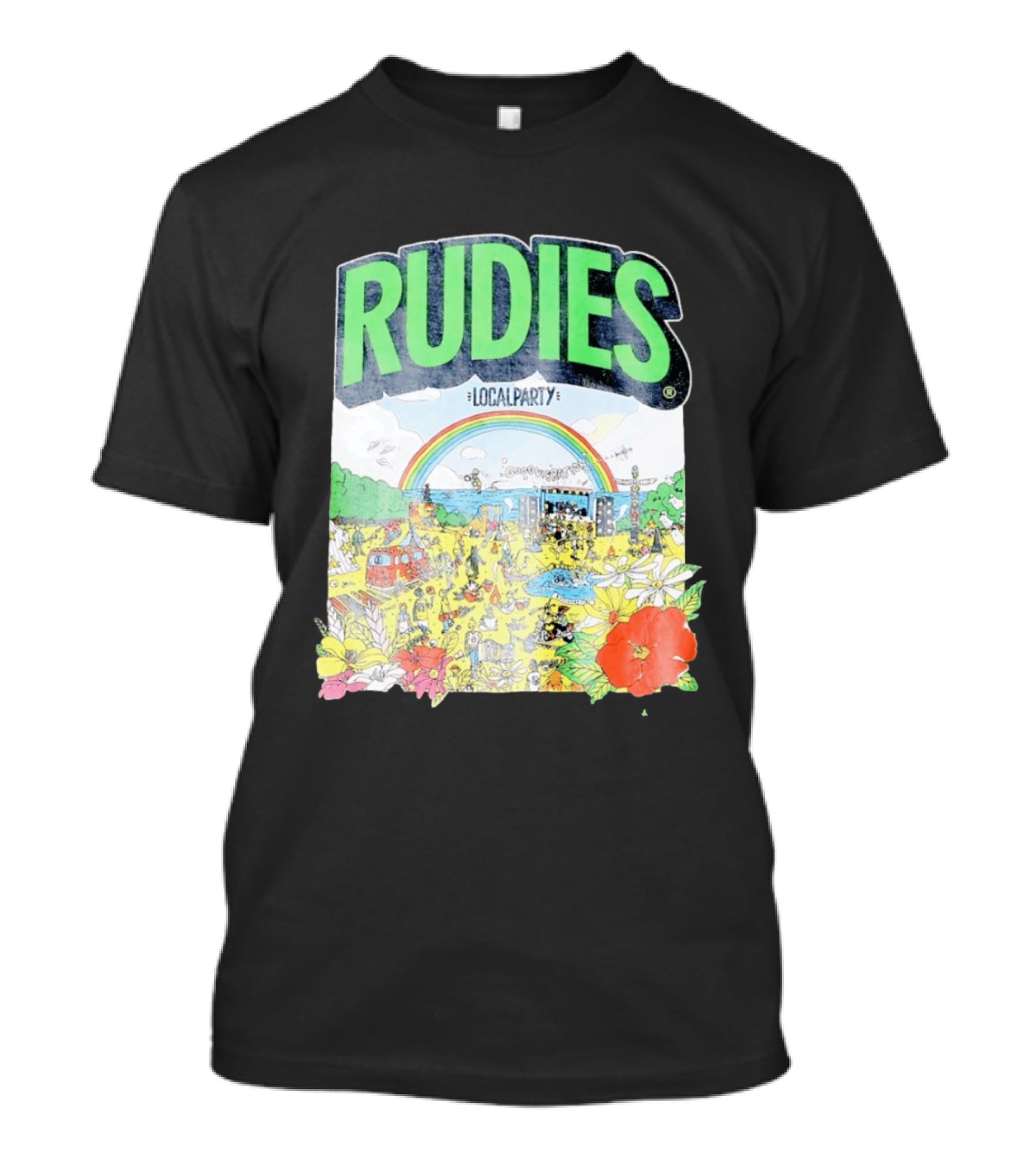 Rudie's 35th Anniversary Local Party Featuring 10 Feet G Freak Factory Dustboz Colorful Celebration With Rainbow And Flowers T-Shirt