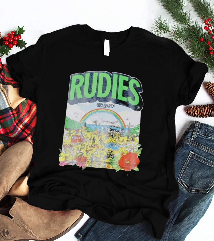 Rudie's 35th Anniversary Local Party Featuring 10 Feet G Freak Factory Dustboz Colorful Celebration With Rainbow And Flowers T-Shirt