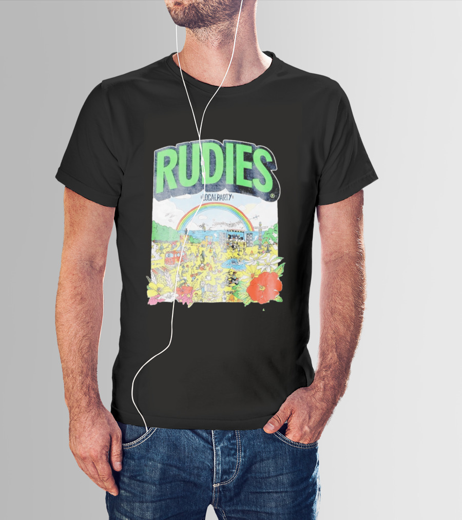 Rudie's 35th Anniversary Local Party Featuring 10 Feet G Freak Factory Dustboz Colorful Celebration With Rainbow And Flowers T-Shirt