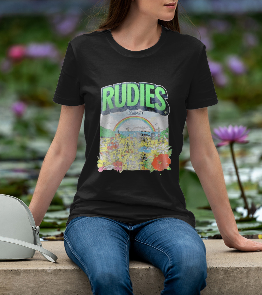 Rudie's 35th Anniversary Local Party Featuring 10 Feet G Freak Factory Dustboz Colorful Celebration With Rainbow And Flowers T-Shirt