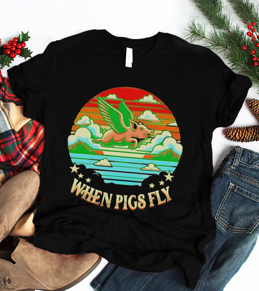 When Pigs Fly Flying Pig Whimsical Clouds And Stars T-Shirt