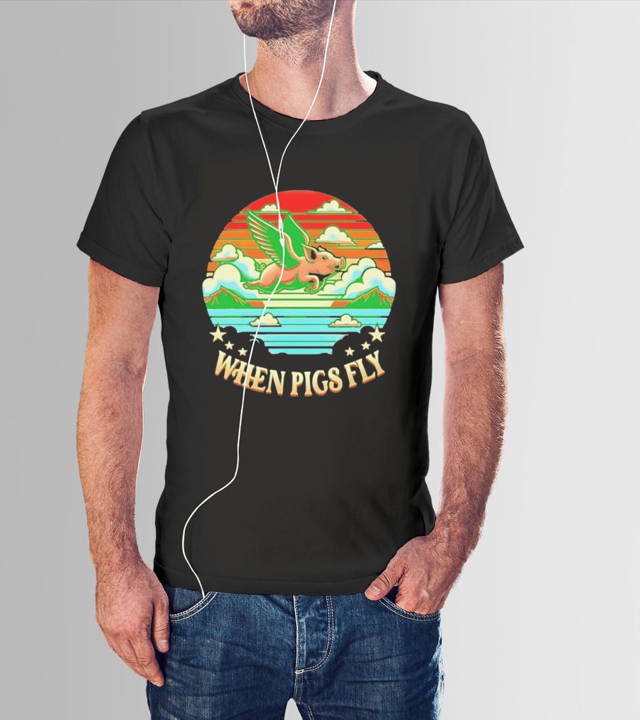 When Pigs Fly Flying Pig Whimsical Clouds And Stars T-Shirt