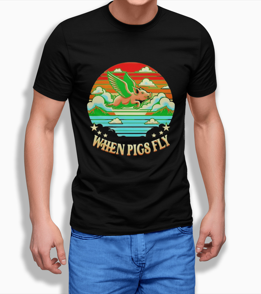 When Pigs Fly Flying Pig Whimsical Clouds And Stars T-Shirt