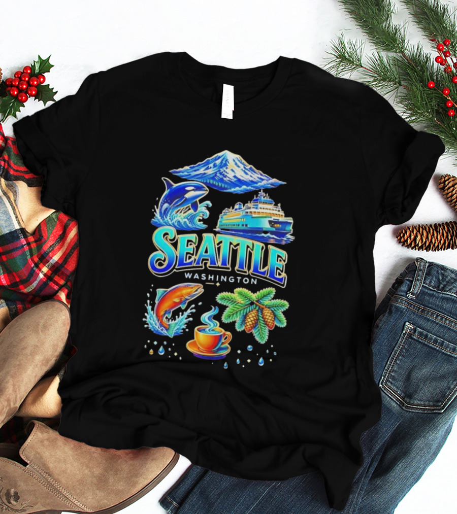 Seattle Washington Orca Whale Ferry Salmon Coffee Pine Cones Mount Rainier T-Shirt