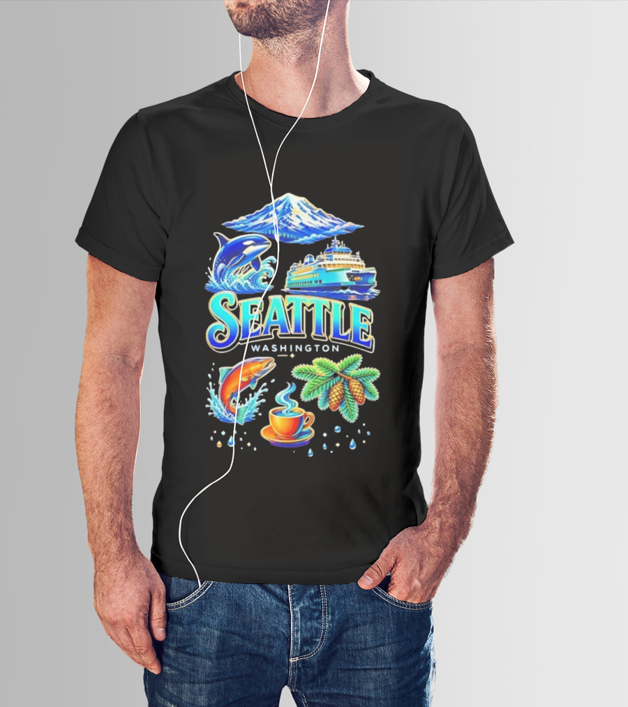 Seattle Washington Orca Whale Ferry Salmon Coffee Pine Cones Mount Rainier T-Shirt