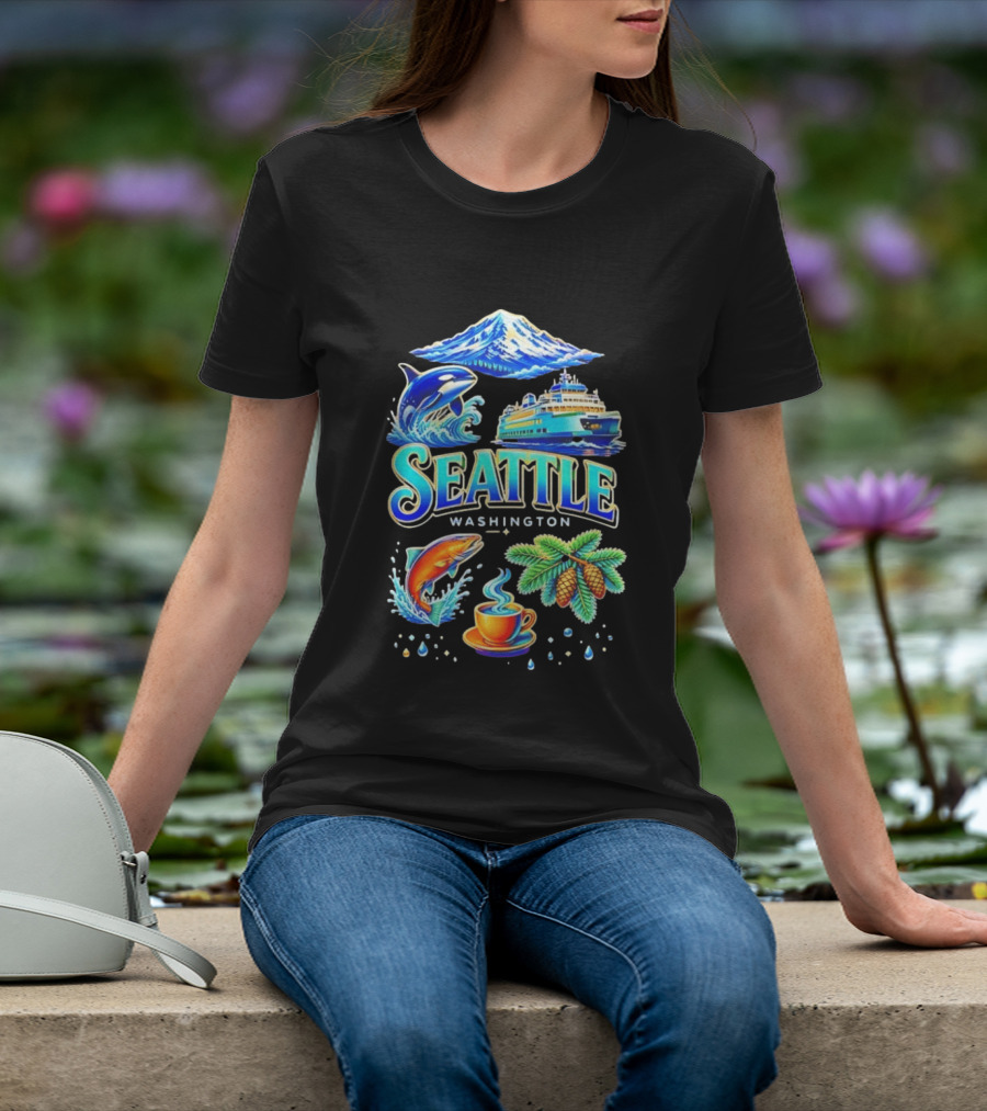 Seattle Washington Orca Whale Ferry Salmon Coffee Pine Cones Mount Rainier T-Shirt