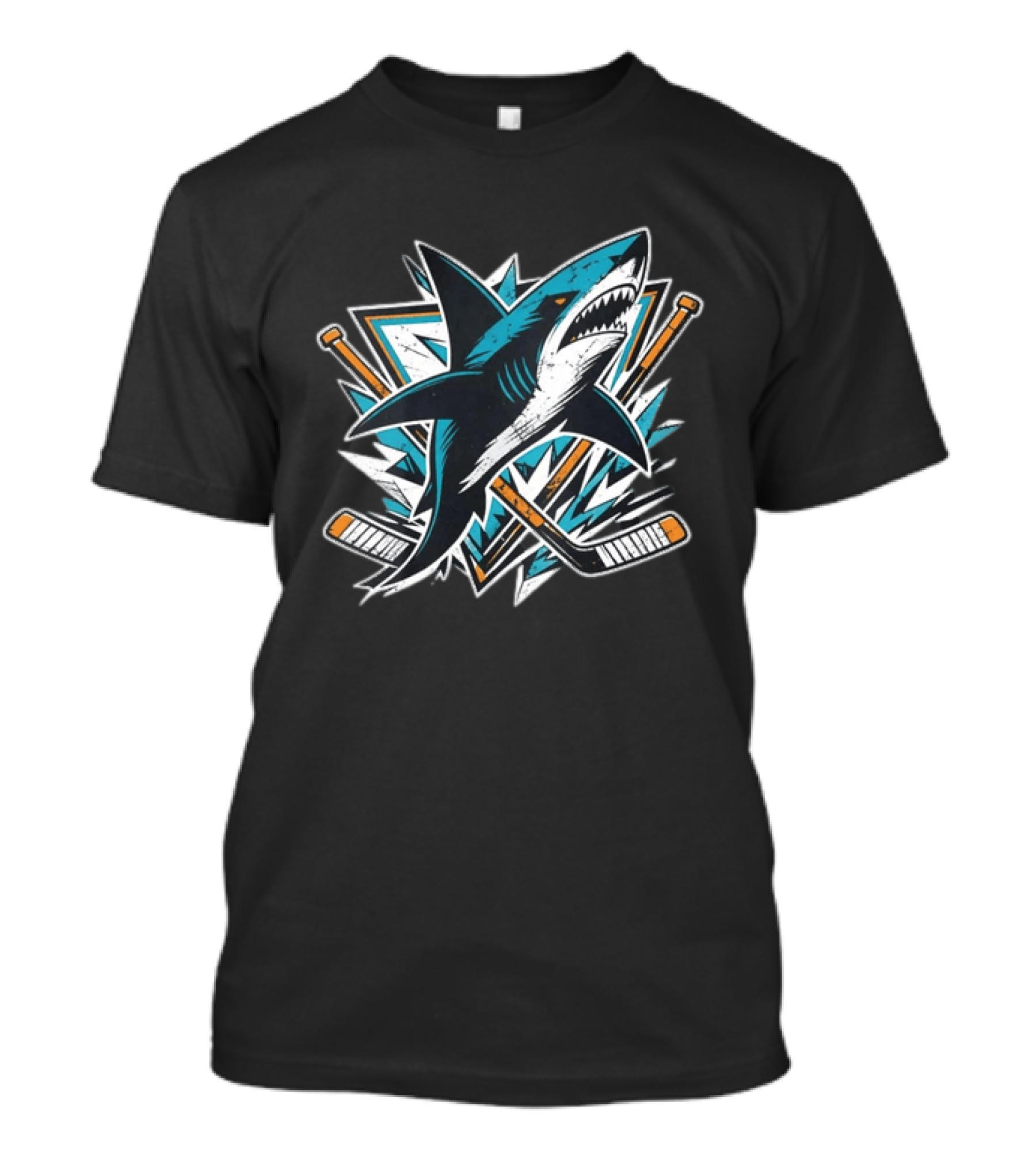 San Jose Sharks Hockey Attack Emblem With Shark And Crossed Hockey Sticks T-Shirt