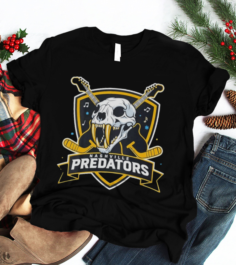Nashville Predators Hockey Skull With Guitars And Music Notes T-Shirt