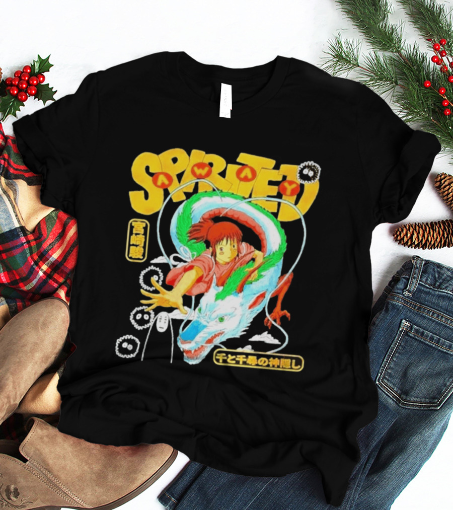 Spirited Away Chihiro Riding Haku Dragon Japanese Text No Face Soot Sprites T-Shirt