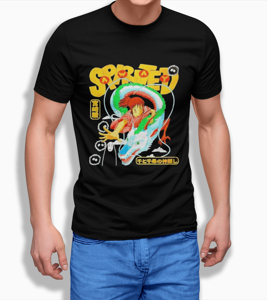 Spirited Away Chihiro Riding Haku Dragon Japanese Text No Face Soot Sprites T-Shirt