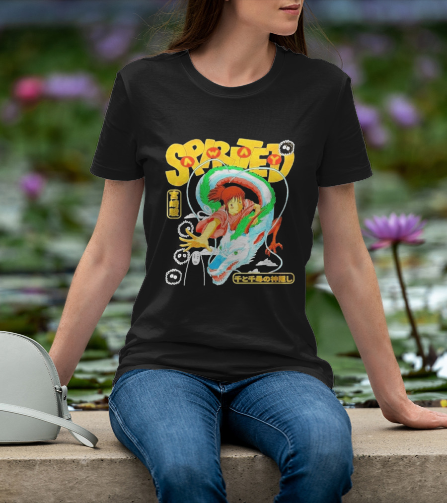 Spirited Away Chihiro Riding Haku Dragon Japanese Text No Face Soot Sprites T-Shirt