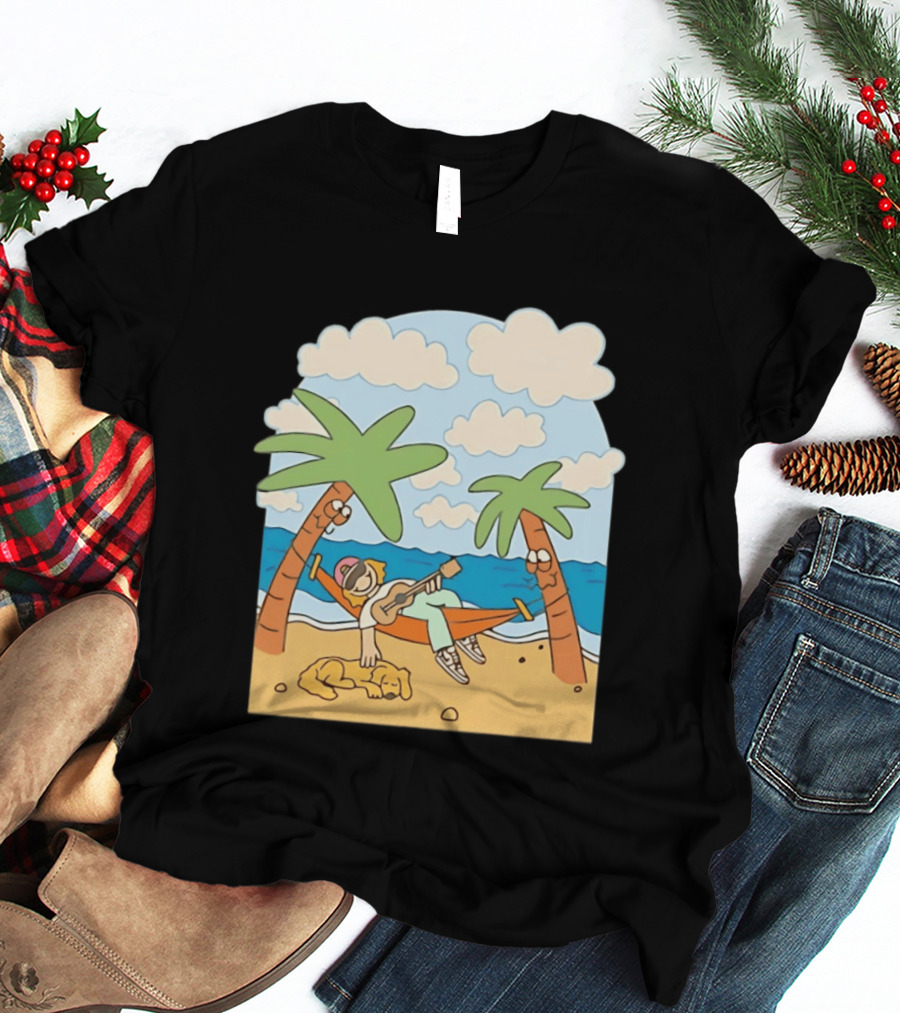 Hammock Guitar Player With Sleeping Dog On Tropical Beach Scene T-Shirt