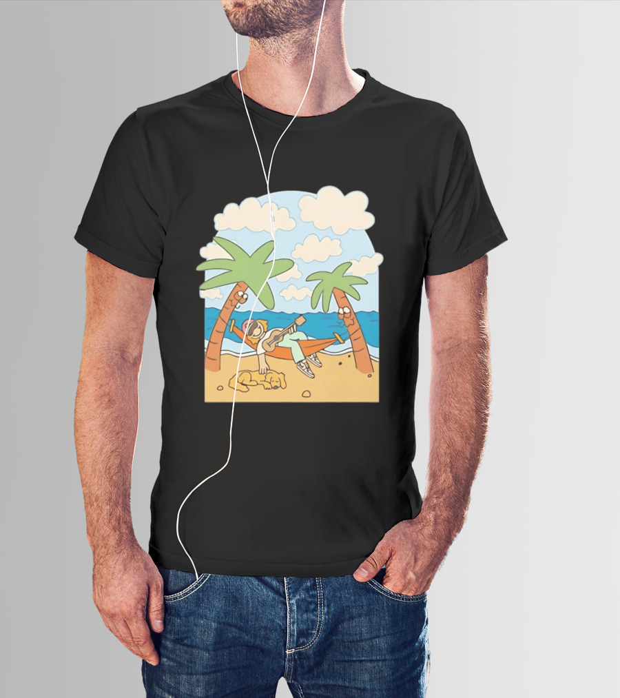 Hammock Guitar Player With Sleeping Dog On Tropical Beach Scene T-Shirt
