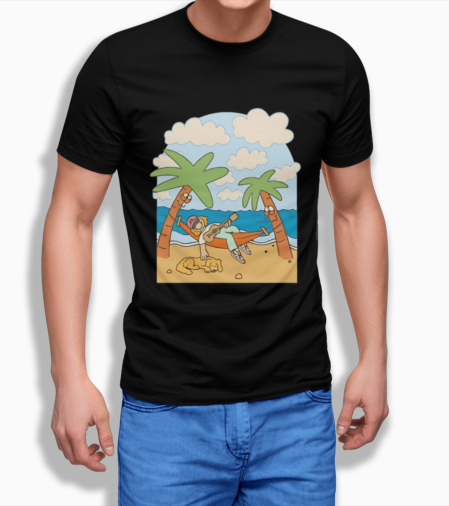 Hammock Guitar Player With Sleeping Dog On Tropical Beach Scene T-Shirt