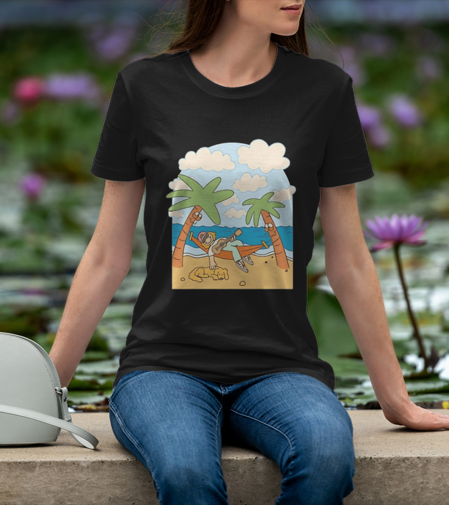 Hammock Guitar Player With Sleeping Dog On Tropical Beach Scene T-Shirt