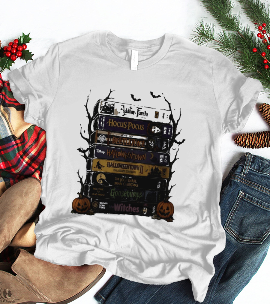 The Addams Family Hocus Pocus Beetlejuice Halloweentown Halloween II The Nightmare Before Christmas Goosebumps The Witches VHS Stack T-Shirt